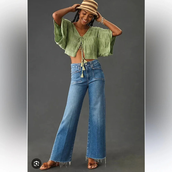 PAIGE Anessa Ankle Wide-Leg Jeans In Sunnie Distressed Size 33 Petite - Picture 1 of 13